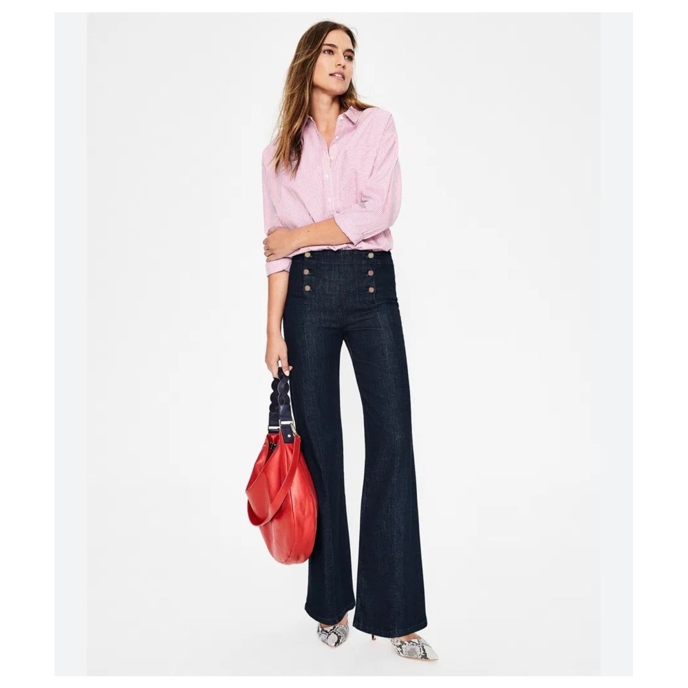 Boden Dark Wash Helston Sailor Flare Jeans High Rise Copper Button Indigo US 14R